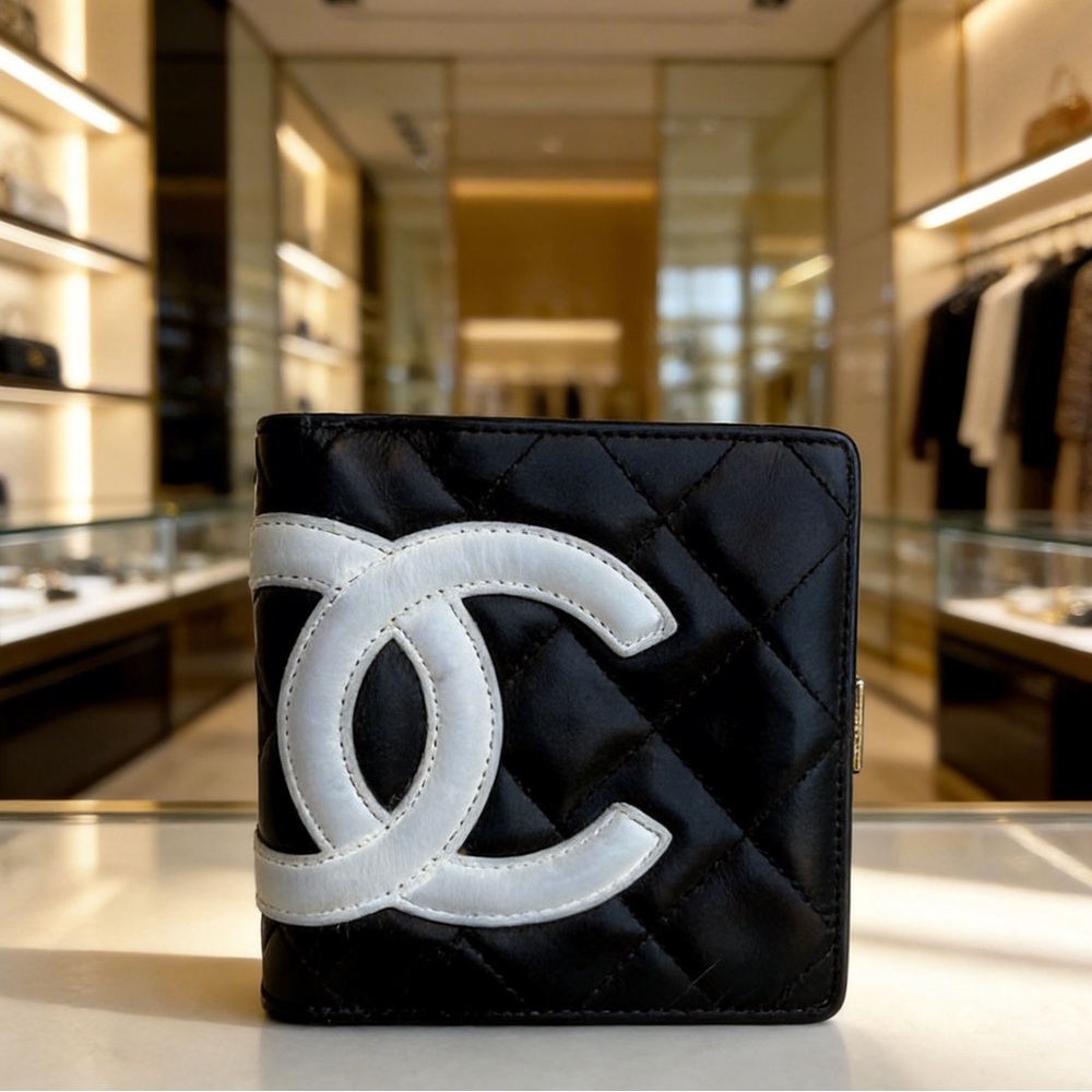 CHANEL Cambon line bi fold quilted leather compact wallet